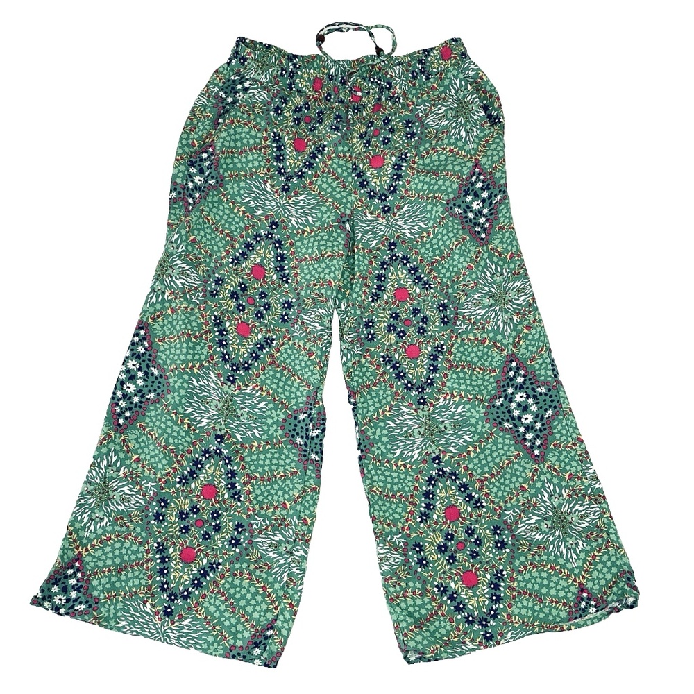 Boho Pants Small Floral Hippie Elastic Waist Pockets Green